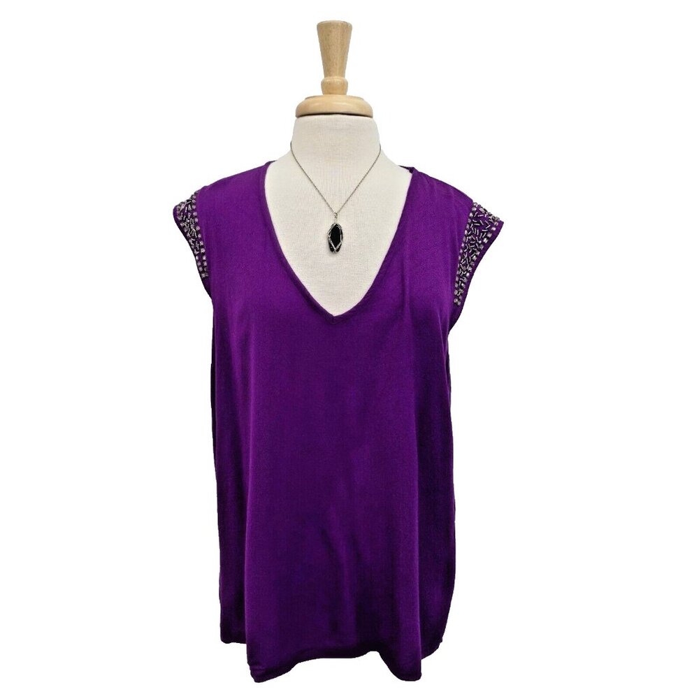 New York & Company Purple Sleeveless V-Neck Beaded Blouse Womens Size XL Viscose